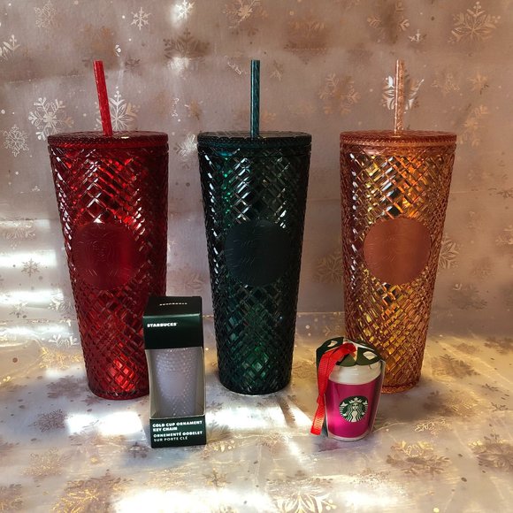 NEW Starbucks Holiday 2021 Jeweled set of 3 Venti studded Cold Cups & 2 Ornament - Picture 1 of 6